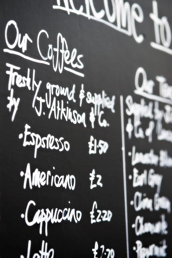 Coffee menu at the Pavilion Cafe