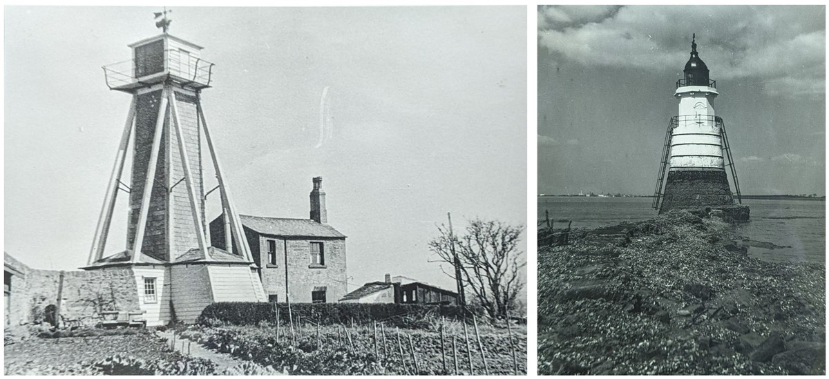 Photos of two lighthouses. Cockersands is a square wooden structure with a walkway around the lantern at the top. It's supported by large beams which also form the corners of a white weatherboarded cottage built into the base of the tower. A more ordinary stone cottage with a tall chimney stands right beside it. Plover Scar lighthouse is a more typical cylindrical stone tower with a metal ladder up each side. The walls are white and the lantern at the top is black.