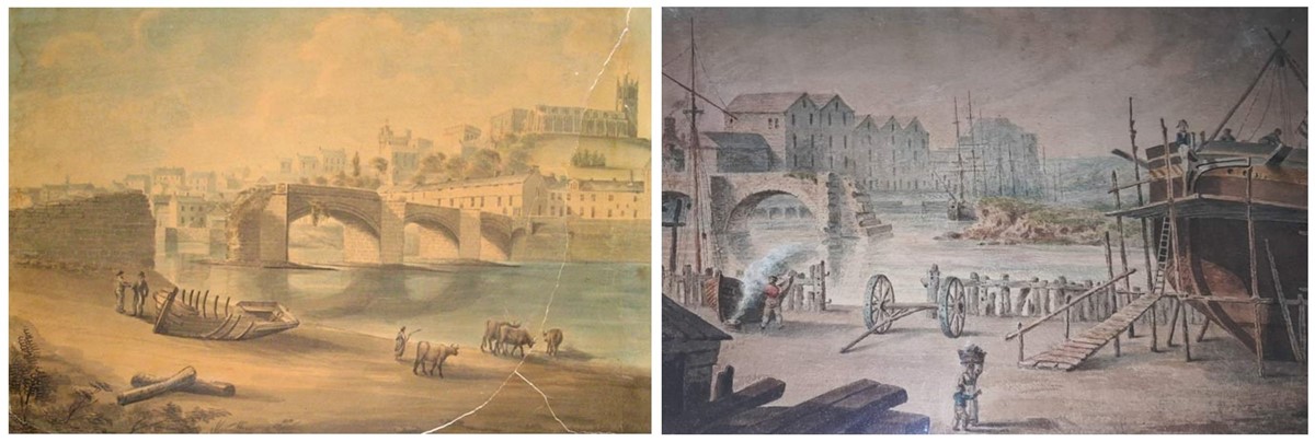 Two similar paintings showing the same scene from different angles. The first is looking upriver. The bridge in the centre has three intact arches to the right, but the leftmost arch has been demolished. Rough stonework shows at the end of the remaining section to the right, and on the left a stone abutment slopes upwards only to end abruptly. In the foreground a woman is driving several cows down to the river to drink. Nearby, two men are having a conversation beside an incomplete boat with its ribs exposed. On the far shore, in the background, buildings rise up the side of a hill topped by a church and castle. The second painting is a view downstream. The foreground is dominated by the hull of a ship under construction, to the right of the scene. It's propped up by timbers and surrounded by wooden scaffolding. There's a figurehead representing Lord Nelson, in Georgian naval uniform consisting of a dark coat, white breeches and a bicorne hat. The ship is named Trafalgar. A couple of men are working on its upper deck beneath a sheer-legs crane. Beside the ship a woman walks past carrying a basket on her head, accompanied by a child. To the left a man is working on a small wooden boat with a smoking container on the ground beside him, perhaps melting tar to seal the seams of the boat. A rough wooden fence separates the shipyard from the river beyond. The bridge extends into the scene from the left but comes to an end in broken stonework where the last arch has been demolished. The riverbank to the right is rough and grassy, with no remaining stonework visible from this direction. Further downriver, several tall ships with two or three masts each are moored beside the quay, which is lined with stone warehouses, many of which are 5 or 6 storeys high.