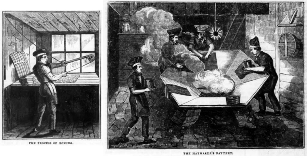 two black and white etchings showing men at work with wooden tools and steaming vats.