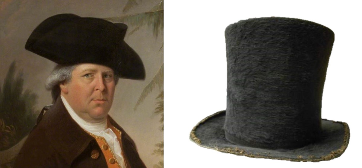 painting of a man in a black tricorne hat, next to a photo of a black top hat.