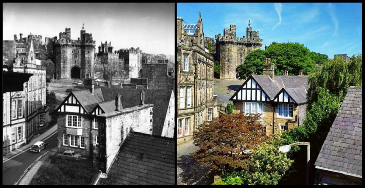 two photos of a view towards the castle from a high vantage point. There are various stone and half-timbered buildings in the foreground and the castle gatehouse at the top of the hill in the background. There are a couple of 1950s or 60s style cars in the older photo, and many trees amongst the buildings which have grown much larger in the second photo. 