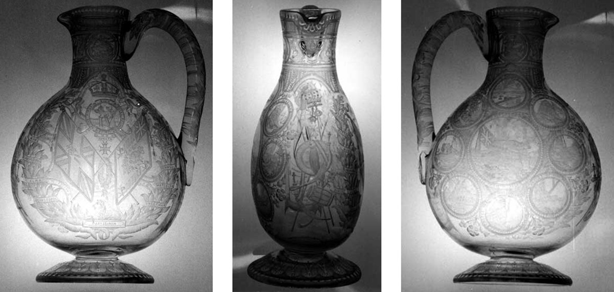 Three views of cut glass jug.