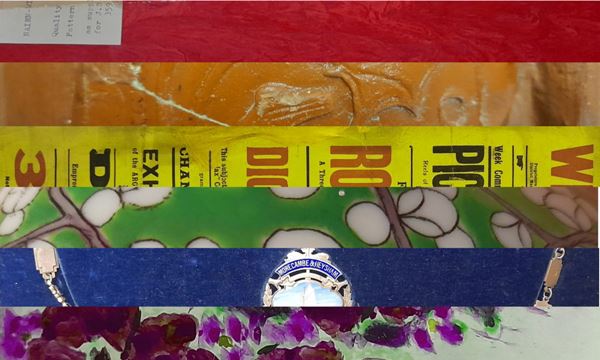 Photo of rainbow flag made up of details from different coloured objects. 