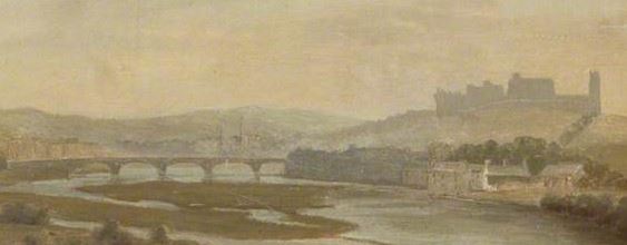 Painting of a view down the River Lune. The five level arches of Skerton bridge cross the river to the left. Lancaster castle and the priory church dominate the skyline to the right. In the foreground a small group of houses stand beside the river, which is wide and shallow with several exposed gravel banks dividing the channel..