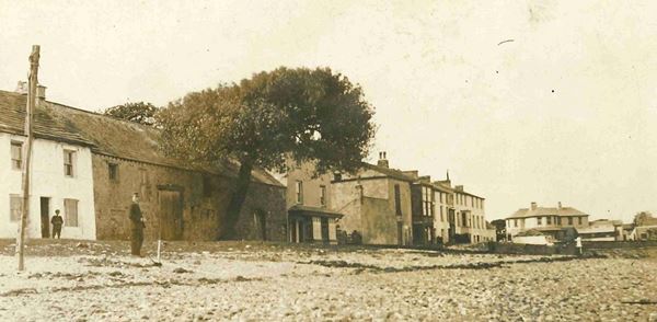 Black and white photo taken from a pebbly beach, looking towards a row of small houses in various styles, all facing out to sea. A single tree is growing just in front of one building, and a few people are standing nearby.