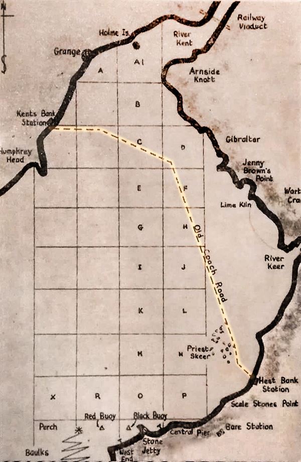 A simple map showing the line of the oversands route between Hest Bank and Kents Bank. It doesn't cut directly across the bay, but sticks fairly close to the shore while still providing a much shorter route than following the coast.