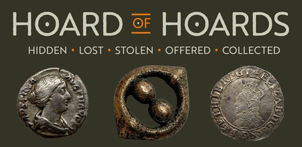 Hoard of Hoards exhibtion poster, depicting several silver coins and a small metal brooch.