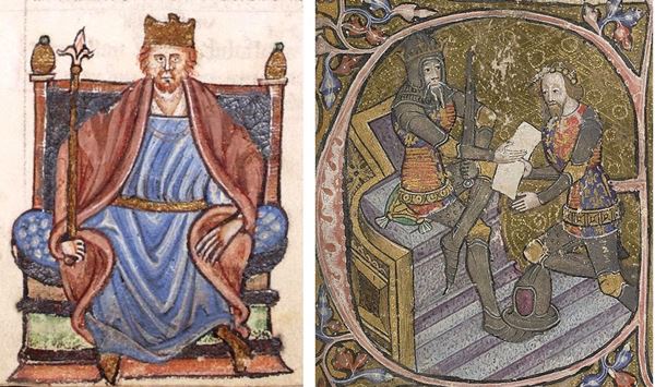 2 Coloured illuminations: 1. a man on a throne with a beard, crown, and red and blue robes. 2. a man in a tabard kneeling in front of another man on a throne in black armour.
