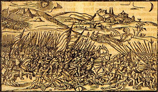 engraving of a battle involving infantry, cavalry, and cannons.