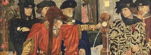 painting of a man aggressively brandishing a white rose.