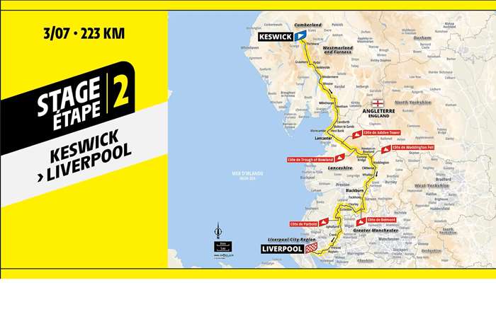 Route of the Tour de France stage 2 - Keswick to Liverpool