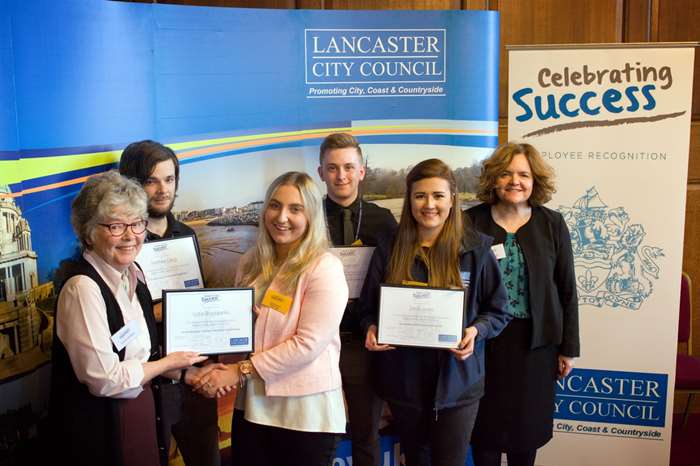 Attached photo shows (l/r) Councillor Anne Whitehead, Matthew Clegg, Lydia Brookbanks, Jak Lambert, Sarah Jones, and chief executive Susan Parsonage.