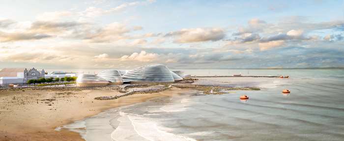 Above and top: An artist’s impression of Eden Project North, a proposed new attraction for the town of Morecambe in Lancashire. (credit: Grimshaw Architects)