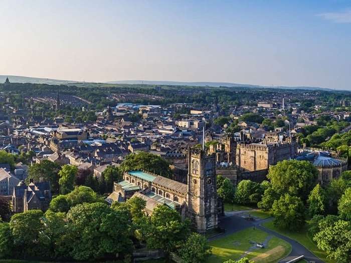 An aerial view of Quay Meadow and Lancaster Castle