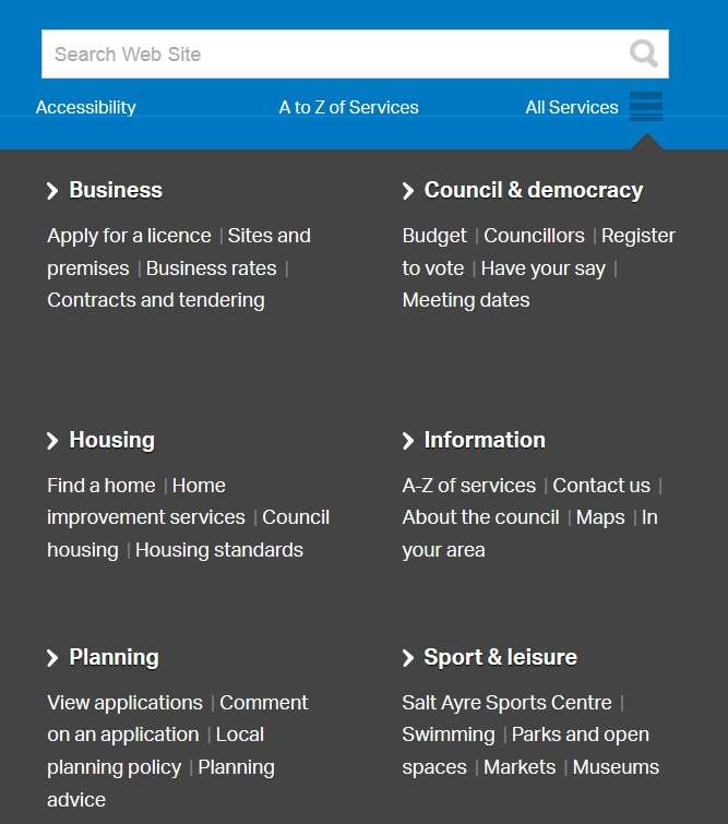 The 'All Services' drop-down menu - one of the main navigation tools on our site